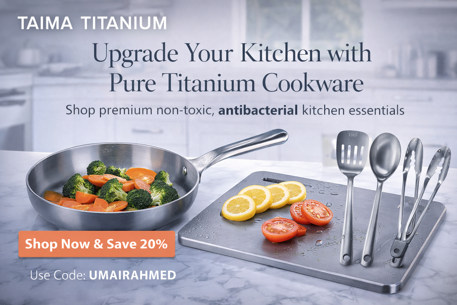 Upgrade your kitchen with Taima Titanium pure titanium cookware, utensils, and cutting boards. Non-toxic, durable, and built to last. Save 20% today.